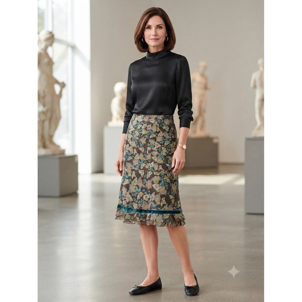Vintage Cynthia Howie 100% Silk Floral Print Skirt Size 4 Petite Brown Boho